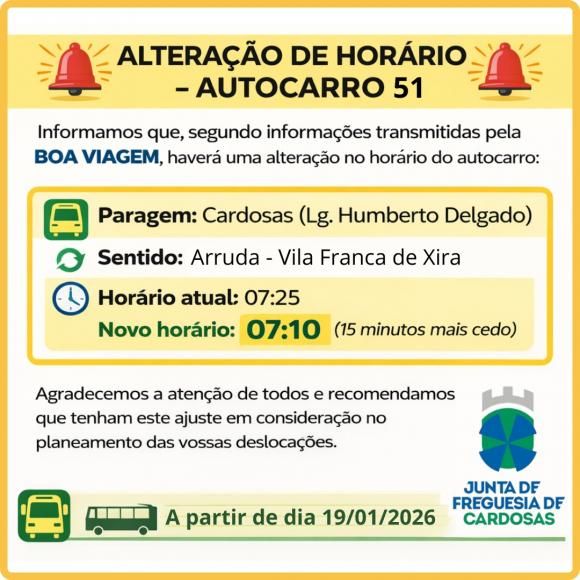 Altera&ccedil;&atilde;o de Hor&aacute;rio - Autocarro 51 