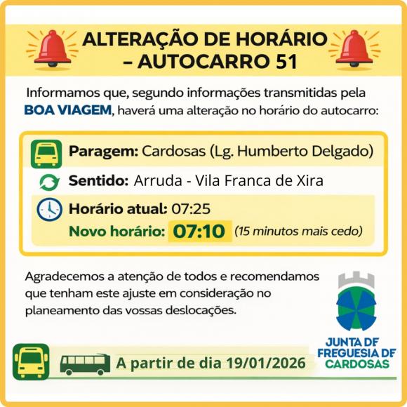 Altera&ccedil;&atilde;o de Hor&aacute;rio - Autocarro 51 